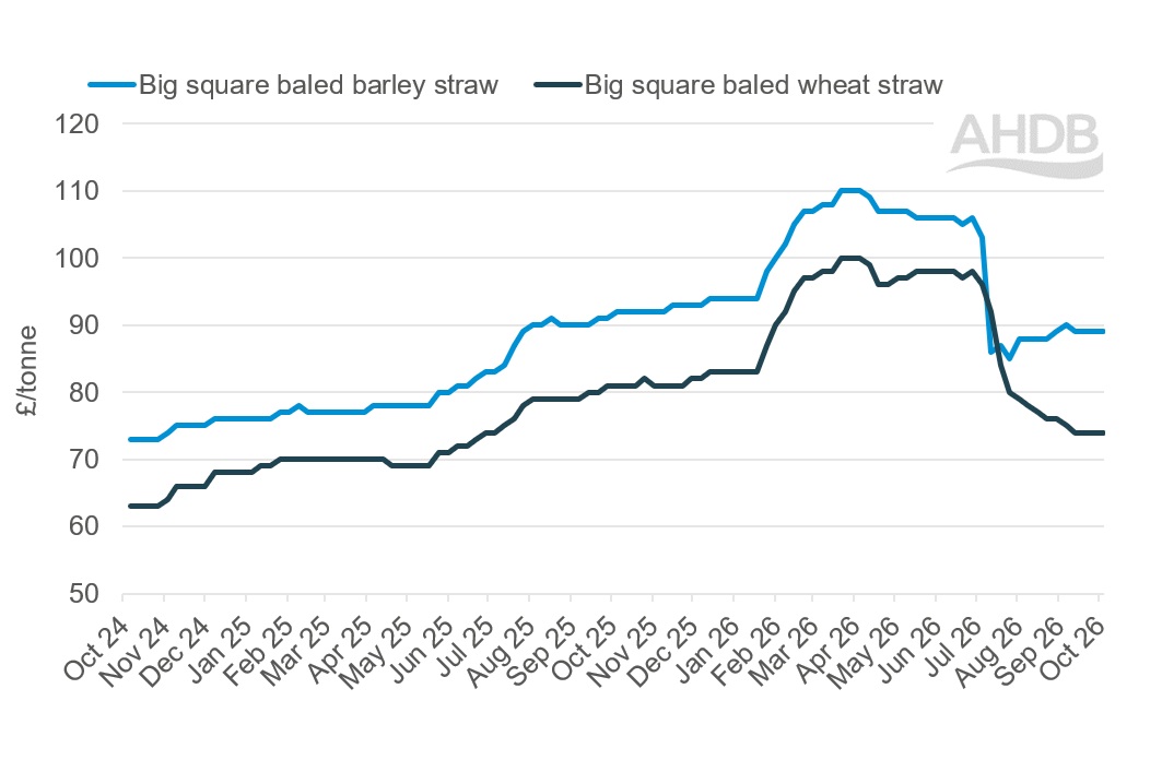 A line graph showing GB big bale straw weekly prices 4 October 2026.